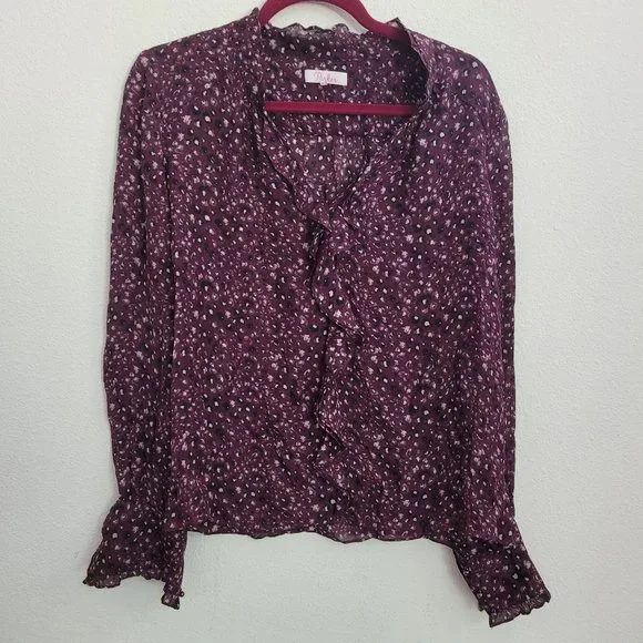 Parker Tilly Printed Ruffle Combo Blouse Sz M Dark Burgundy - Picture 2 of 10